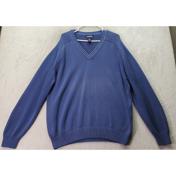 Lands' End Sweater Men Large Blue Knit Cotton Long Raglan Sleeve V Neck Pullover - Picture 1 of 9